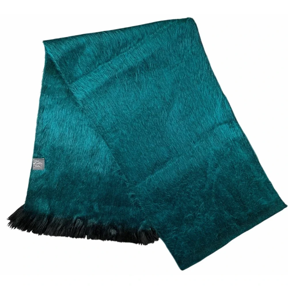 Uno Alla Volta Alpaca Blend Scarf Dark Turquoise Black Fringe Luxury 78